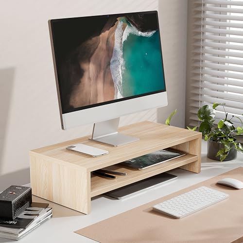 FITUEYES Wooden Monitor Stand Riser, 2-Tier Desk Storage Shelf, Oak - Image 2