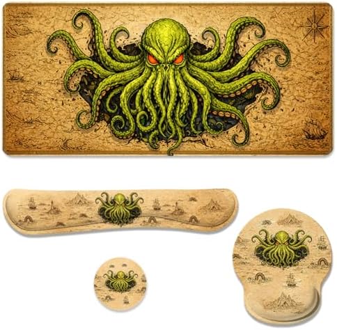 Octopus Monster Desk Mat Set Cthulhu Dark Sea Pirate Fantasy Mouse Pad with Wrist Rest 4in1 Desk Mat for Desktop Ergonomic Keyboard Wrist Support Anti-Slip Computer Mouse Pad Home Office Gaming by Unknown