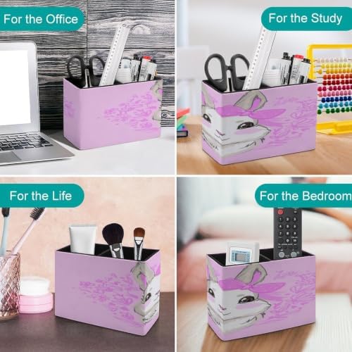 PU Leather Multi-Compartment Pen Holder Desktop Organizer Pencil Cup Storage Caddy for Office Home Supplies Hand Drawn Vector Rabbit Cute Bunny Rabbit with Bow Cute - Image 4
