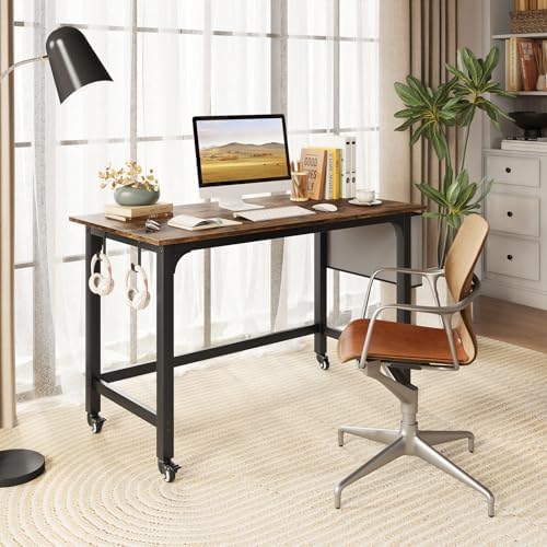 Giantex 48" Rolling Computer Desk, Mobile Study Writing Desk with Wheels, Storage Bag & 2 Hanging Hooks, Simple Style Home Office Work Bench, PC Workstation for Study, Bedroom (Rustic Brown) - Image 2