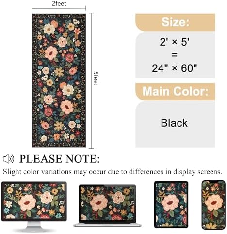 DUKINO 2x5 Runner Rug, Floral Washable Rug for Kitchen Non Slip, Black - Image 2