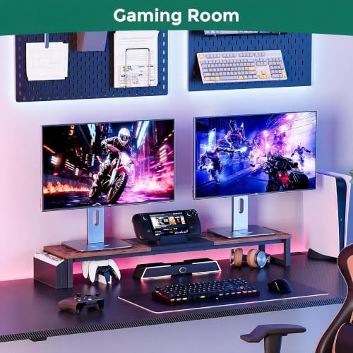 Dual Monitor Stand Riser, 41.5'' Extra Long Wood Monitor Stand Desktop Organizer with Side Pocket, Ergonomic Monitor Riser Supports 2 Monitors,TV,Laptop,Printer for Home Office, Rustic Brown - Image 6