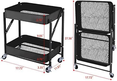 Melody House 2-Tier Metal Folding Rolling Cart, Mobile Utility Cart Trolley Storage Organizer for Office Home Kitchen Organization, Sofa Side End Table with Wheels, Black - Image 7