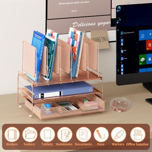 LEKETREE Rose Gold Desk Organizer, Office Organization with Vertical File Holder, File Organizer with Drawer and Office Supplies, Desk Accessories and Workspace Organizers (Rose Gold) - Image 2