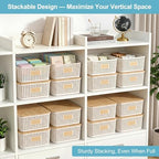 Bagnizer 4 Pack Plastic Storage Bins with Bamboo Lids, 6.2qt Stackable Storage Organizer Box with Lable for Pantry Shelves Drawers Desktop Office, 12"L x 8.3"W x 3.5"H, Cream White - Image 3