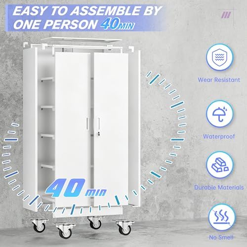 Superday Garage Storage Cabinet with Wheels，73" H Metal Storage Cabinet with Doors and Adjustable Shelves, Lockable Steel Utility Tool Cabinets for Garage, Home Office, Kitchen(White) - Image 6