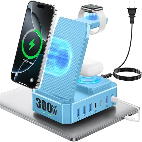 300W Charging Station for Multiple Devices Apple, Zutspzss 10 in 1 Wireless Charger for iPhone 16, GaN III USB C 65W PD Fast Charging Stand Dock for Apple Watch&Airpods,Blue by Zutspzss