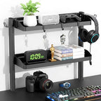 Clamp on Desk Shelf, 17in 2-Tier Office Desk Shelves Organizer, Small Shelf for Top of Desk with Headphone Holder and Hooks, Desktop Storage Rack for Home Workspace, Study Rooms, Gaming Accessories by DEARPER