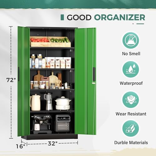 Greenvelly Metal Garage Storage Cabinet, 72" Tall Steel Storage Cabinets with Doors and Adjustable Shelves, Metal Tool Cabinets, Locking File Cabinet for Home Office, Garage, School (Black&Green) - Image 4