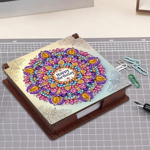 4pcs Mandala Flowers Diamond Art Painting Note Box for Adults, Wooden DIY Sticky Notes Holder Kit with 640 Blank Notepads, Multi-Purpose Desk Organizer for Home Office, Study Thoughtful Gift - Image 3