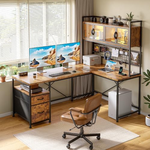 DurayLoly 67" L Shaped Gaming Corner Desk with LED Light, Hutch,Brown by Durayloly