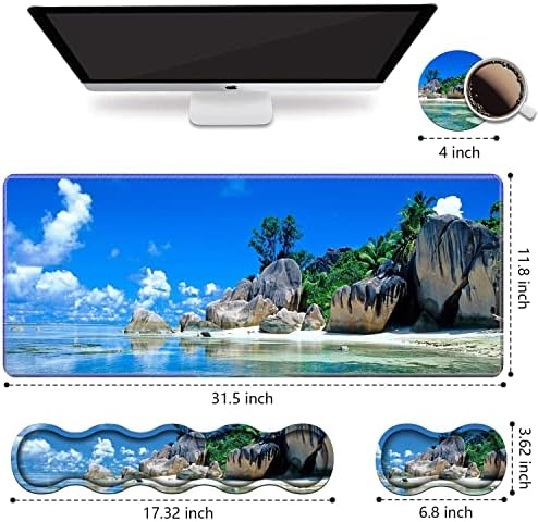 Ergonomic Keyboard Wrist Rest & Mouse Pad Wrist Rest Set, Large XXL Gaming Desk Mat 31.5"x 11.8",Non-Slip Base, Memory Foam,Easy Typing Pain Relief for Office & Home, Beaches Scene France Seychelles - Image 2