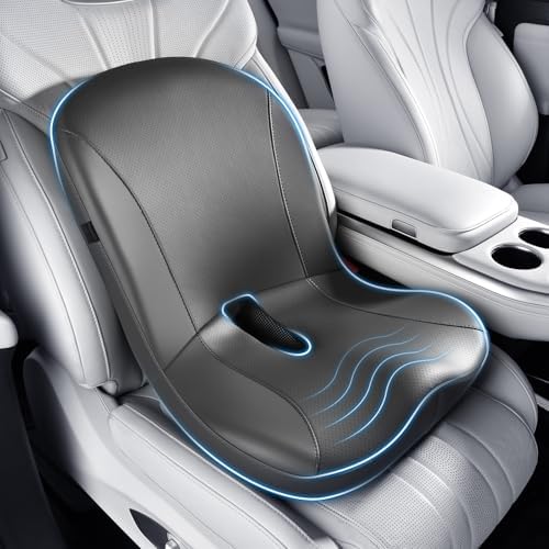 Coverado Car Seat Cushion and Lumbar Support Pillow One Piece, Napa Leather Memory Foam Ergonomic Back Support Driving Seat Cushion for Back Pain, Non-Slip Washable Cushion for Car, Driver, Office by COVERADOAUTO