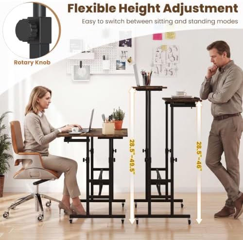 GIANTEX Mobile Standing Desk, Adjustable Rolling Computer Desk (Brown) - Image 3