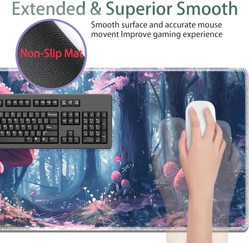 Large Gaming Mouse Pad + Keyboard Wrist Rest + Wrist Support + Coaster Set, Memory Foam Ergonomic for Easy Typing, XXL Extended Gaming Mouse Pad Table Pad - Mushroom Forest - Image 4