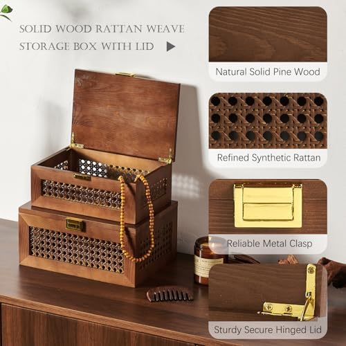2PCS Decorative Rattan Storage Box Basket with Lid Wooden Frame - Image 3
