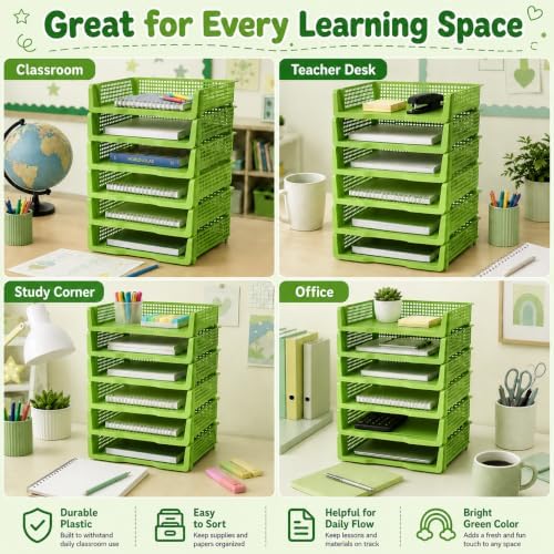 6 Pcs Green Turn in Trays Classroom, Stackable Paper Bins for Classroom, 13x9x2.8 inch Plastic Baskets Desktop Organization System Office (Green) - Image 6