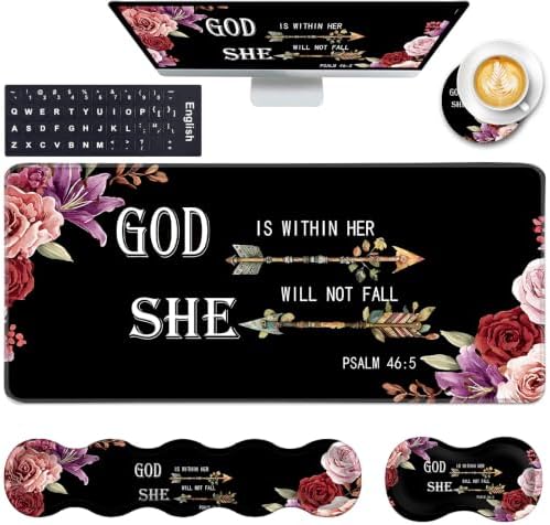 Keyboard Wrist Rest and Mouse Pad with Wrist Support Set Ergonomic Coaster,Memory Foam,Easy Typing Pain Relief,Large XL Desk Mat 31.5"x 11.8",Flower Bible Verse Psalm 46-5 by CICPLKSE