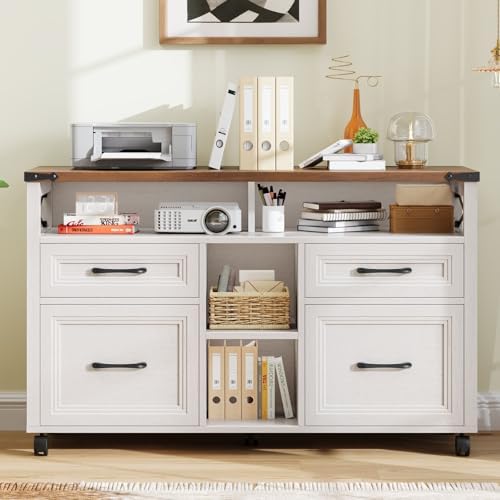 Halitaa Farmhouse Filing Cabinet with Adjustable Shelf & Wheels, Off White - Image 7