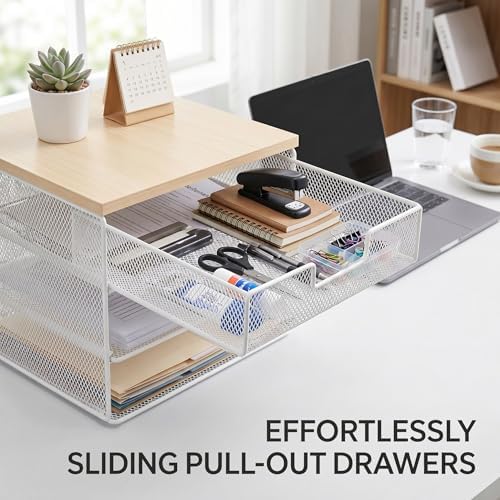 4-Tier Mesh Desk Organizer and Accessories with Drawer Wooden Top Desktop Organizers Letter Tray Paper Organizer File Holder for Home Office School White - Image 2