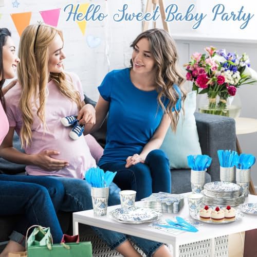 400 Pcs Blue Baby Boys Shower Party Supplies Hello Sweet Boy Floral Themed Disposable Paper Plates Napkins and Cups for It's a Boy Baby Shower Gendal Reavel Birthday Decorations - Image 3
