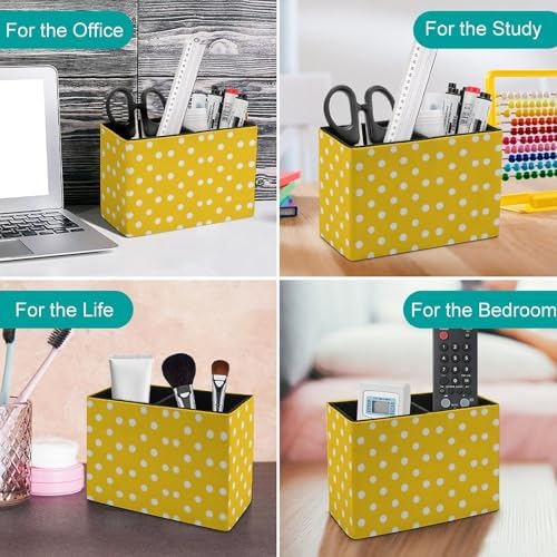 Pens Holder, Pencils Holder for Desk Organizer, Yellow Polka Dots PU Leather Pencil Cups Desktop Stationery Storage Makeup Brush Holder Pens Organizer for Office Home - Image 4