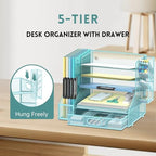 5-Tier Desk Organizer with File Holder & Pen Holder & Sliding Drawer, Blue - Image 4