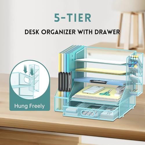 5-Tier Desk Organizer with File Holder & Pen Holder & Sliding Drawer, Blue - Image 4