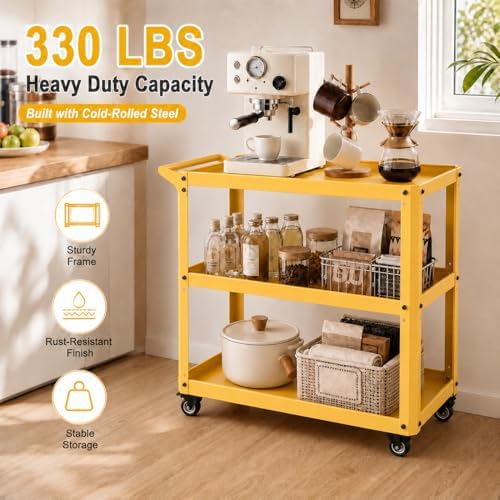 3 Tier Metal Utility Rolling Cart with Wheels, Yellow - Image 3