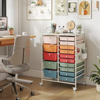 Giantex 15 Drawer Storage Cart, Rolling Craft Cart with Metal Tabletop & Pegboard, Mobile Utility Organizer Trolley with Locking Wheels, Home Office, Classroom, Teacher Supplies, Macaron Multicolor - Image 2