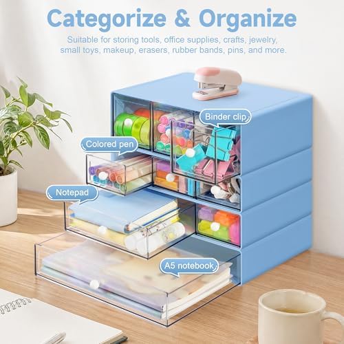 Desk Organizer with 9 Drawers, 4 Tiers Stackable Storage Drawers, Desktop Storage Box with Clear Drawers for Stationery, Makeup, Jewelry, Office and Craft Supplies (Blue) - Image 5