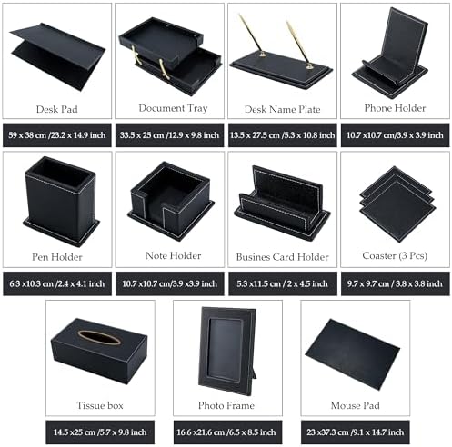 Leather Desk Set, 13-Piece All-in-One – Executive Desk Accessories & Office Supplies, Desk Organizer with Desk Pad & Blotter, 2-Tier Letter Tray, Luxury Office Desk Decor & Boss Gifts (Black) - Image 3