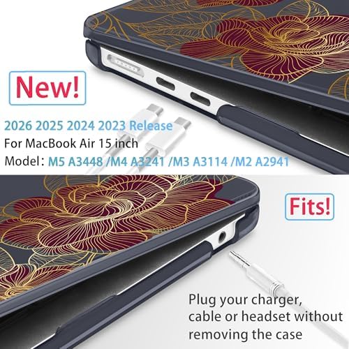 Mektron for 2026/2025/2024/2023 MacBook Air 15 INCH M5 A3448 /M4 A3241 /M3 A3114 /M2 A2941 Case, Printed Plastic Hard Shell Cover with 15.3" Liquid Retina Display Touch ID, Golden Rose - Image 2