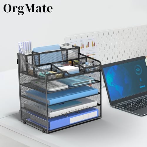 5 Tier Mesh Paper Desk Organizer with Pen Holders, Black - Image 7