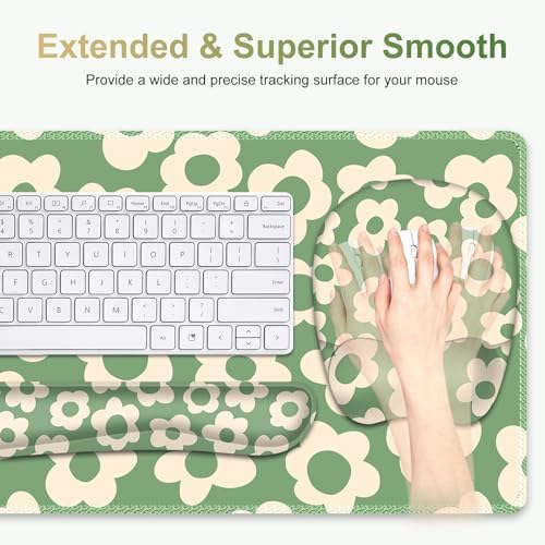 Large Mouse Pad with Wrist Support 4in1 Set, XXL Game Mousepad +Keyboard Wrist Rest+Mouse Wrist Rest+Coaster Ergonomic Design Gaming Mat for Home Office Table Computer I Vintage Groovy Flowers - Image 3