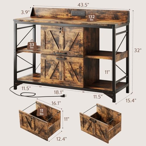 44" File Cabinet, Lateral Filing Cabinet for Home Office with 2 Drawers, Office Storage Cabinet with Lock and Key, Wooden Printer Stand with 4 Storage Shelves, Power Outlets, Bookshelf, Rustic Brown - Image 2
