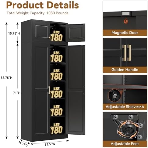 Polup 86" Tall Metal Kitchen Pantry Storage Cabinet with Doors and Shelves - Image 3