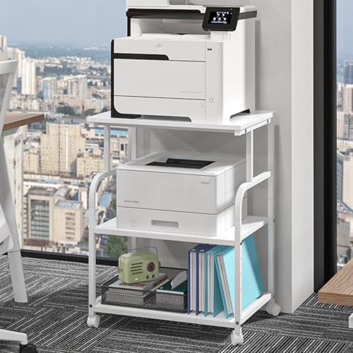 3-Tier Large Printer Stand with Storage, Rolling Printer Cart with Lockable Wheels for Home, Office (White) by Unknown