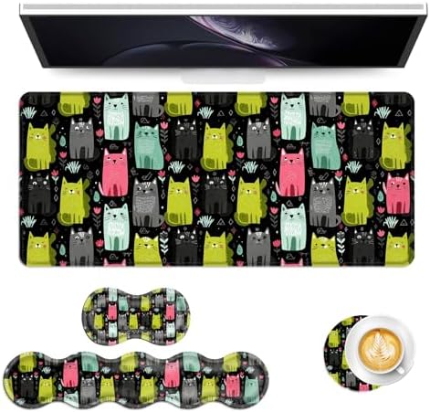 Keyboard Mouse Pad Set, Extended Gaming Mouse Pad+Ergonomics Keyboard Wrist Rest Support, Memory Foam, Easy Typing Pain Relief, 4Pcs XL Ultra Thick Desk Mat,Colorful Cats by Vobber