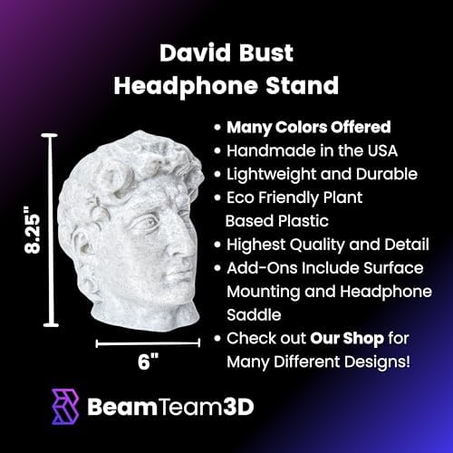 Michelangelo's David Headphone Stand - Universal Headset Holder - David Bust Sculpture - Gaming Desk Accessory - Holds Most Types of Headphones (Marble) - Image 3