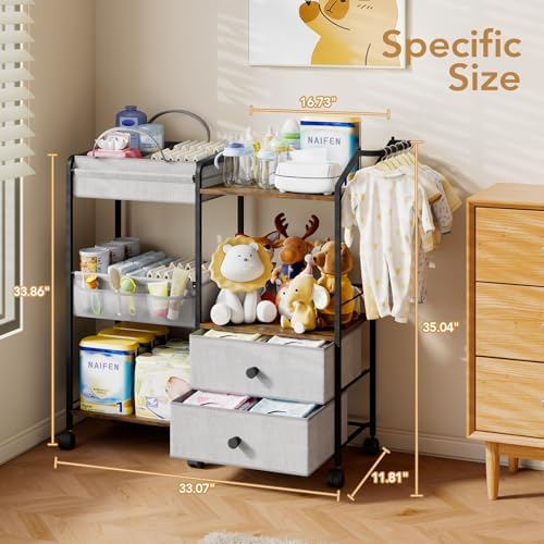 BBLIKE Diaper Caddy Organizer, Baby Storage Cart with Hanging Rack, Gray - Image 6
