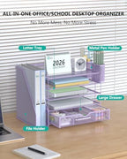 WALI Desk File Organizer, 5 Tier Desktop Paper Letter Tray Organizer with Drawer and 2 Pen Holders, Office Desk Accessories & Workspace Organizers for Office, Home Supplies(DO006DH-V), 1 Pack, Purple - Image 3