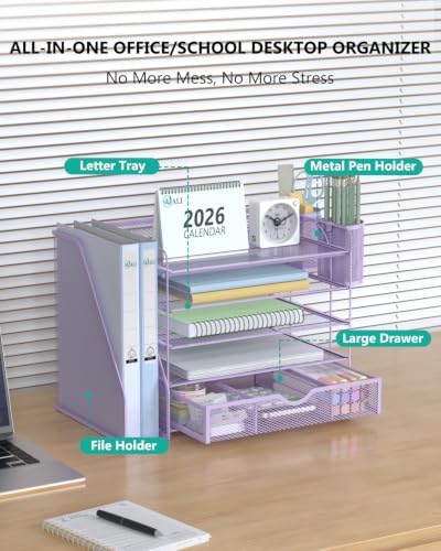 WALI Desk File Organizer, 5 Tier Desktop Paper Letter Tray Organizer with Drawer and 2 Pen Holders, Office Desk Accessories & Workspace Organizers for Office, Home Supplies(DO006DH-V), 1 Pack, Purple - Image 3