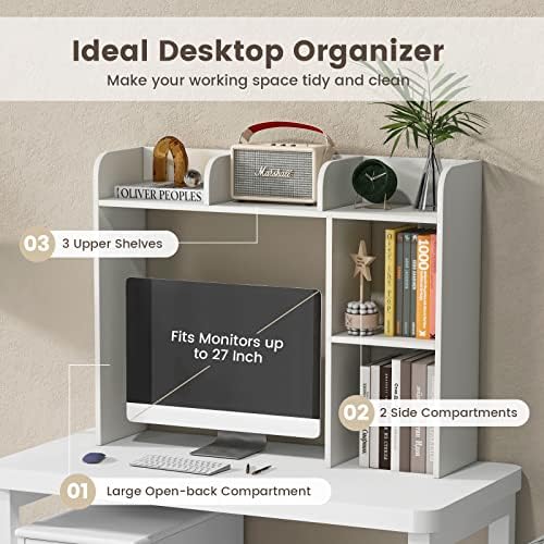 DREAMADE Desk Shelf, 3-Tier Table Top Desktop Bookshelf for 27” Monitor w/ 5 Open Display Racks, Non-Slip Foot Pads & Anti-Tipping Device, Desk Hutch for for Dorm, Office, Home, Study, 29”H (White) - Image 4