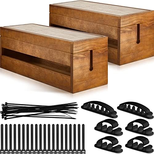 Hoteam 48 Pcs Wooden Cable Management Box Cable Organizer Box Set Power Strip Holder Cord Hider Clip Adhesive Management Ties Cord Sleeves for Desktop Home Office(Brown,Large) by Hoteam