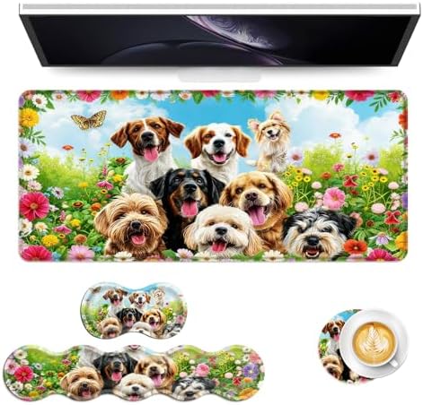 Keyboard Mouse Pad Set, Extended Gaming Mouse Pad+Ergonomics Keyboard Wrist Rest Support, Memory Foam, Easy Typing Pain Relief, 4Pcs XL Ultra Thick Desk Mat,Cute Dog by Vobber