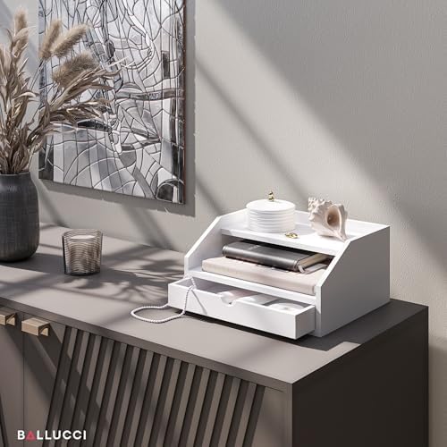 Ballucci Desk Organizer with Drawer, 2 Tier Paper Office Supplies Desk Organizer, 13 2/5" x 9 3/5" x 6", White - Image 4