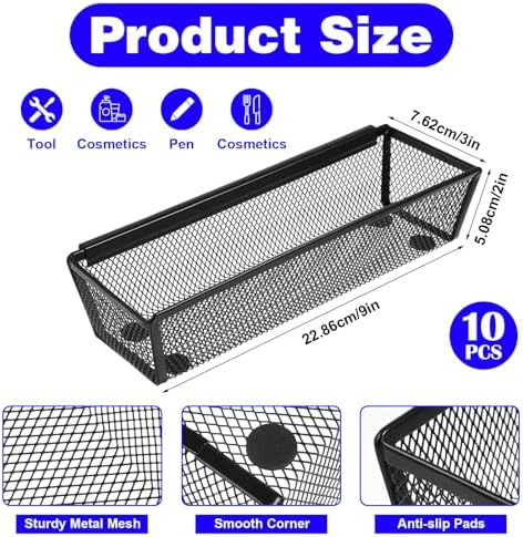 10 Packs Black Mesh Drawer Organizers 9 x 3 x 2 Inches Silverware Mesh Drawer Organizer with Interlocking Arm for Kitchen Drawers for Flatware Knives Spoons Fork Cosmetic Tabletop Storage Tray - Image 2