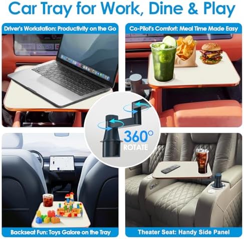 Car Tray& Car Desk for Laptop,Dual 360° Rotating,Anti Slip Leather Surface, Food Tray, Cup Holder Table Compatible with Tesla Model Y/3/S, Ford F150/Explorer/Maverick/Home Theater Seating (White) - Image 2