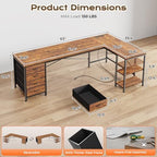 Huuger 63 Inch L Shaped Desk with Fabric Drawers, Computer Office Desk with Power Outlets and USB-C Port, Corner Desk with Storage Shelves, Work Study Home Office, Reversible, Rustic Brown - Image 3